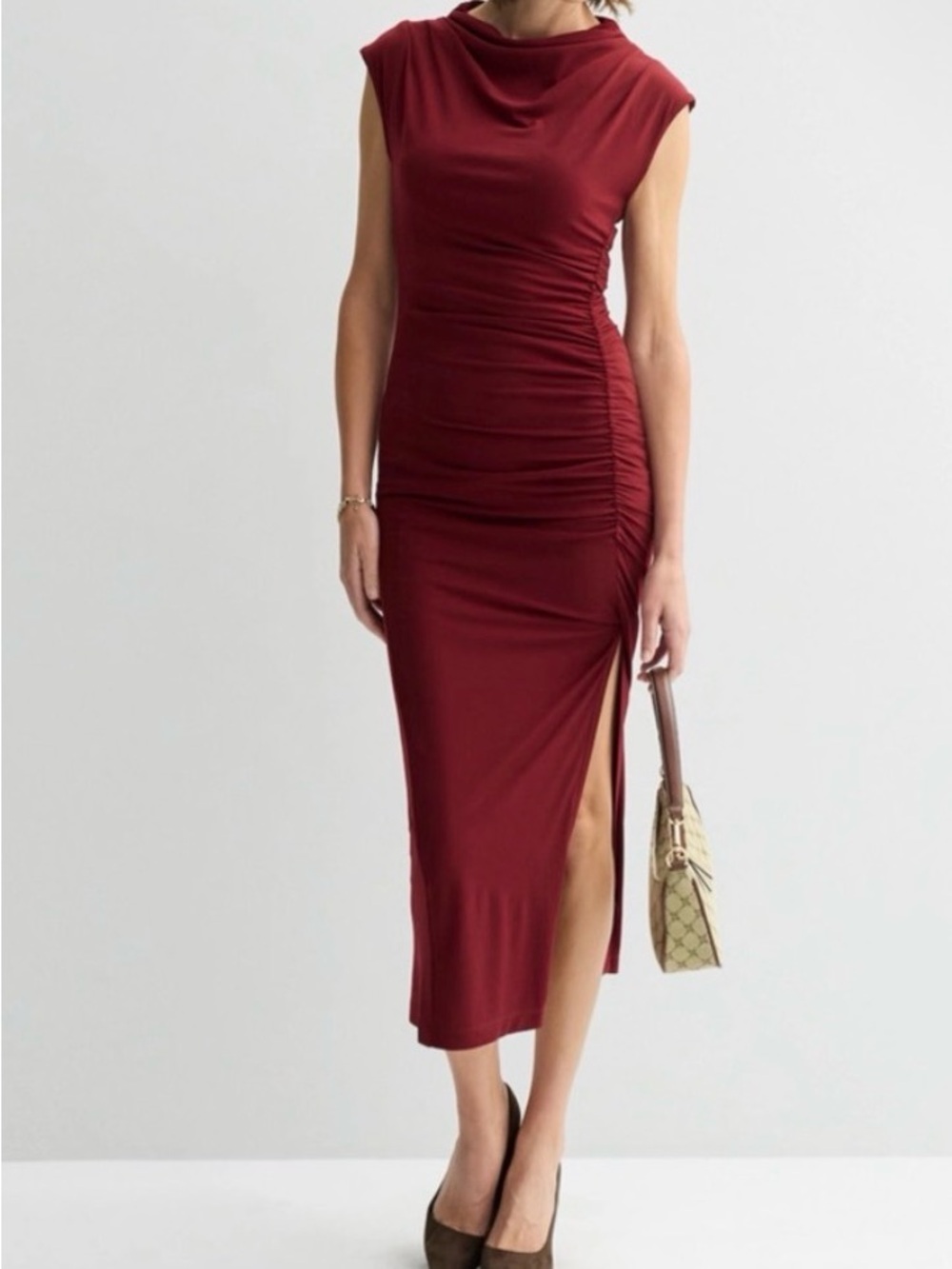 Robbie Bee Draped Front Burgundy Dress